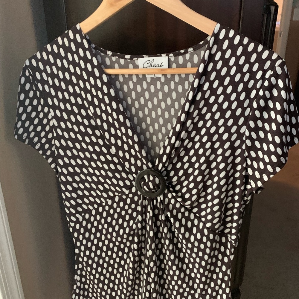 Chaus brown and white polka dot top.